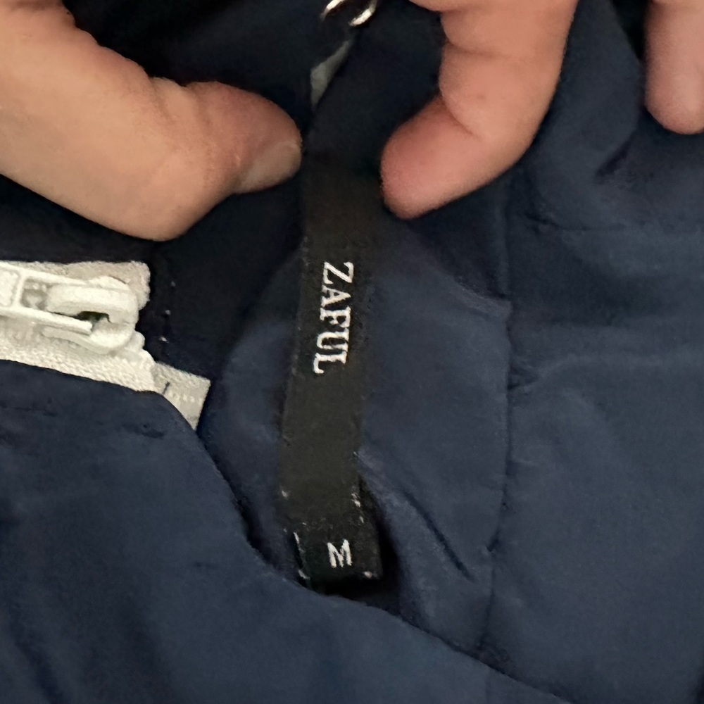 Medium navy blue and white rain jacket